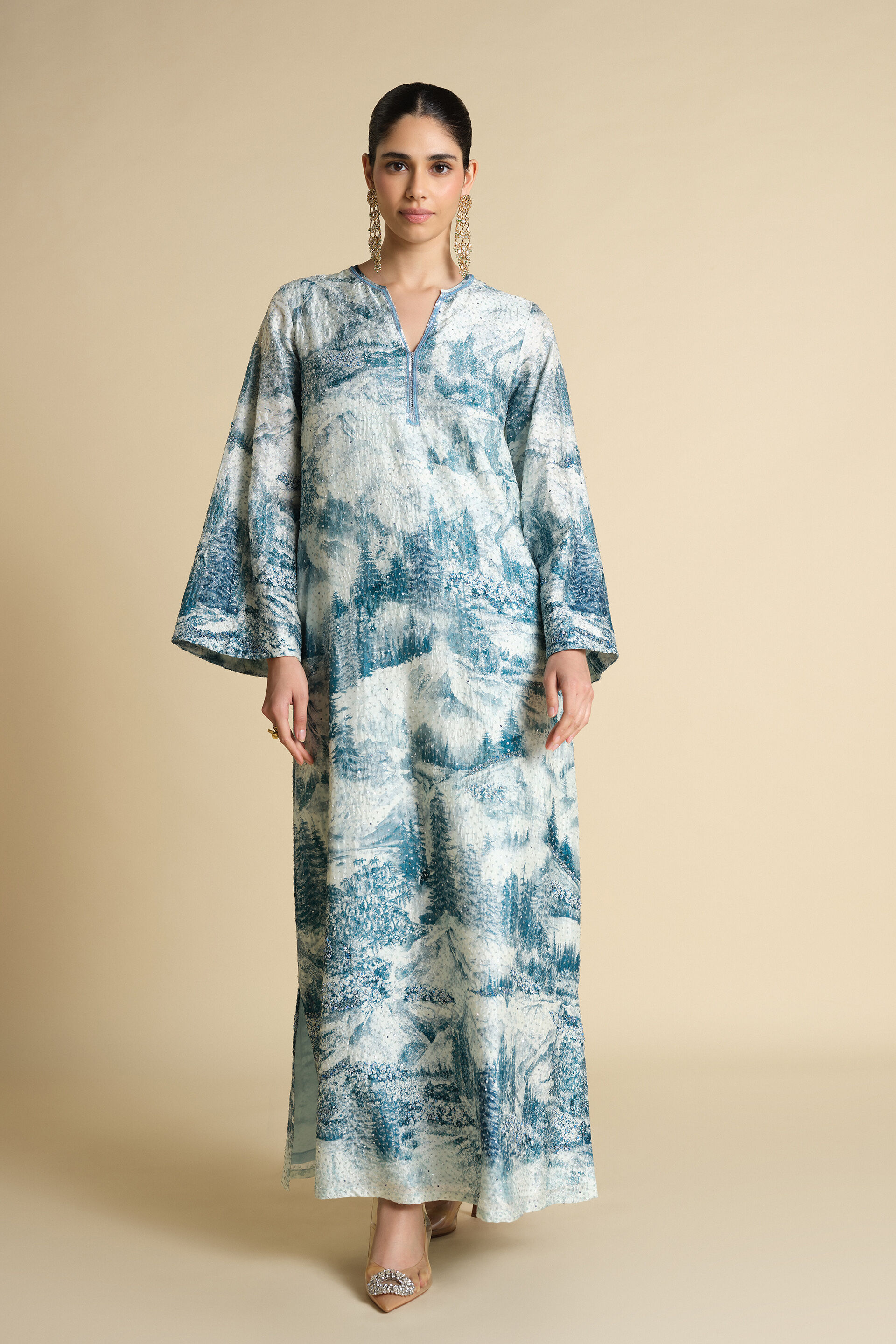 Shahma Printed Silk Kaftan - Powder Blue, Powder Blue, image 1